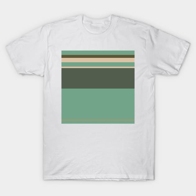 A singular tranquility of Soldier Green, Dark Vanilla, Grey/Green, Oxley and Ebony stripes. T-Shirt by Sociable Stripes